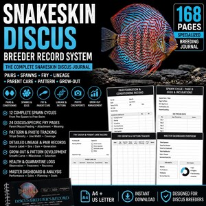 Könnte beinhalten: Ein 168-seitiges Zuchtbuch-System für Snakeskin Diskusfische mit einem farbenfrohen Diskusfisch-Bild. Das digitale Dokument enthält Vorlagen für Laichzyklen, Brutwachstum, Abstammung und Gesundheitsprotokolle im A4- und US-Letter-Format.