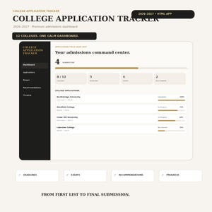 May include: A digital college application tracker dashboard for the 2026-2027 cycle. The interface features a black sidebar, a white main area with progress bars, and text including "12 COLLEGES. ONE CALM DASHBOARD." and "Your admissions command center." with status updates for various universities.