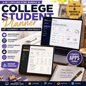 Op de afbeelding: Een digitaal planner-pakket voor studenten met een laptop en tablet die dashboards voor cijfers, opdrachten en examens weergeven. De afbeelding bevat tekst zoals 2-in-1 Offline HTML Bundle, No Subscription en Plan Better, Study Smarter, Achieve More.