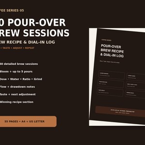 Puede incluir: Un cuaderno de registro digital marrón oscuro titulado 50 Pour-Over Brew Sessions Brew Recipe & Dial-In Log. Incluye secciones para bloom, vertidos, dosis, agua, ratio, molienda, flujo, sabor y recetas ganadoras. El documento tiene 55 páginas, A4 y US Letter.