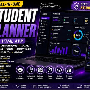 Może przedstawiać: Cyfrowa aplikacja HTML do planowania dla studentów wyświetlana na ekranie laptopa i smartfona. Interfejs posiada ciemny motyw z fioletowymi akcentami, pokazujący pulpit nawigacyjny z ocenami, zadaniami, egzaminami, kalendarzem i stoperem.