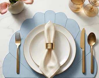 Embroidered Baby Blue Faux Leather Placemat, Scalloped Fan Shape Elegant Dining Decor