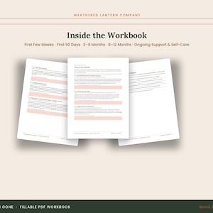 Pode incluir: Um livro de exercícios em PDF preenchível intitulado After I'm Gone da Weathered Lantern Company. A imagem exibe três páginas abertas com seções de texto incluindo First Few Weeks, First 90 Days, 3-6 Months, 6-12 Months e Ongoing Support & Self-Care.