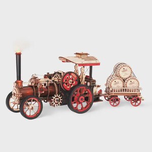ROKR Steam Engine Locomobile Model Kit | DIY Motorized Vehicle with 3-Speed Control and Trailer