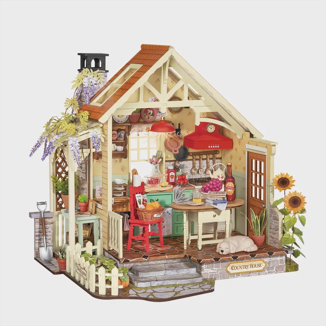 Rolife Sunlit Farmhouse Kitchen Miniature Dollhouse 438-Piece 3D Wooden Puzzle DIY Cottagecore Craft