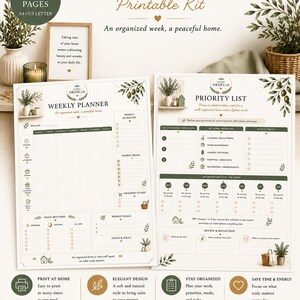 Peut inclure: Un kit de planification domestique imprimable par Atelier Ordélia comprenant 40 pages aux formats A4 et US Letter. Le kit inclut un planificateur hebdomadaire et une liste de priorités avec des illustrations de rameaux d'olivier et des sections.