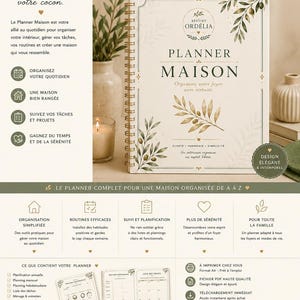 Pode incluir: Um planejador de espiral Planner Maison com capa creme, ilustrações de ramos de oliveira e o texto Planner Maison, Organisez votre foyer avec sérénité, Clarté, Harmonie, Simplicité. O planejador inclui seções para tarefas diárias.