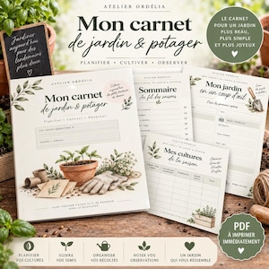 Op de afbeelding: Een tuin- en moestuinplanner getiteld Mon carnet de jardin & potager van Atelier Ordélia. De kaft bevat illustraties van een terracotta pot, tuinhandschoenen en zaden. Bevat binnenpagina's voor seizoensplanning, observatie en het bijhouden van tuinindelingen.