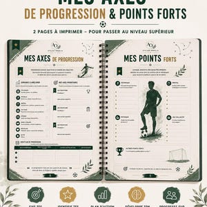 Peut inclure: Un planificateur d'entraînement de football imprimable de deux pages intitulé MES AXES DE PROGRESSION & POINTS FORTS. La mise en page comprend des sections pour suivre les compétences, le mental et les objectifs physiques avec des illustrations.