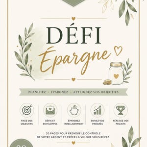 Peut inclure: Un carnet de défi épargne avec un fond crème, des motifs de feuilles vertes et du texte doré. La couverture affiche DÉFI Épargne, une illustration de bocal, et cinq icônes représentant des objectifs, enveloppes, tirelire, progrès et projets.