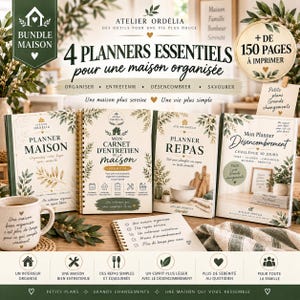 Könnte beinhalten: Ein Set aus vier druckbaren Haushaltsplanern mit den Titeln Planner Maison, Mon Carnet d'Entretien de la Maison, Planner Repas und Mon Planner Désencombrement. Die Sammlung umfasst über 150 Seiten mit botanischen Illustrationen, einer Tasse und einem Notizblock.