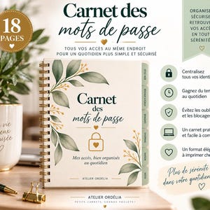 Op de afbeelding: Een spiraalgebonden wachtwoordenboekje met de titel Carnet des mots de passe, voorzien van een gouden spiraal, botanisch bladmotief en een gouden hangslotpictogram. Het boekje bevat 18 pagina's en heeft tabbladen voor web, sociale media en banken.