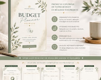 May include: A digital budget planner by Atelier Ordélia featuring a cover with olive branch illustrations and the text Budget Planner Premium. The set includes over 20 printable pages for tracking expenses, savings, and financial goals in A4, A5, and US Letter sizes.