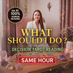 Puede incluir: Una persona con blazer blanco sentada tras una mesa de madera con cartas de tarot, cristales y velas. El texto dice: no AI 100% HUMAN READING, WHAT SHOULD I DO? DECISION TAROT READING y SAME HOUR. Incluye flores secas y decoración de luna.