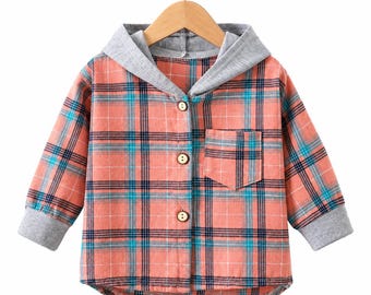 Kids' Plaid Hooded Shirt Jacket, Long Sleeve Children's Checkered Top, Unisex Casual Kids Outerwear, Hooded Button Up Shirt