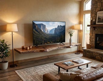 Natural Walnut Floating TV Stand, Live Edge Media Console, Wall Mounted Entertainment Center, Rustic Modern Wood TV Unit, Handmade