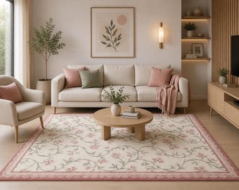 May include: A rectangular area rug featuring a cream-colored base with a repeating pattern of delicate pink flowers and sage green vines, finished with a scalloped pink border that frames the entire design in a soft, floral aesthetic.