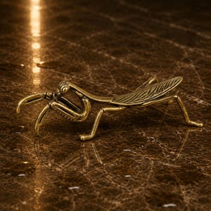 Pode incluir: Uma pequena estatueta de latão em estilo antigo de um louva-a-deus. A escultura do inseto apresenta um acabamento dourado metálico com detalhes escuros e desgastados nas fendas, destacando as asas texturizadas e as pernas segmentadas.