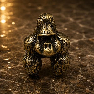 Puede incluir: Una pequeña figura de metal en tono dorado con forma de gorila. El objeto presenta una superficie rugosa y muy texturizada que imita la apariencia del pelaje, con un arco superciliar prominente, una nariz ancha y una expresión concentrada.