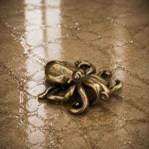 Puede incluir: Una pequeña figura de pulpo de metal en tono dorado con una superficie texturizada y desgastada. El pulpo se muestra con la cabeza hacia arriba y sus ocho tentáculos curvados y extendidos en posición de reposo sobre una superficie.