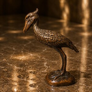 Pode incluir: Uma estatueta de metal na cor bronze de um bico-de-tamanco em pé sobre uma base circular. A escultura apresenta penas texturizadas detalhadas, um bico curvo proeminente e um pescoço esguio, capturando a ave em uma vista de perfil com acabamento.