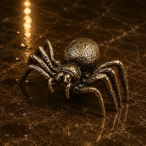 May include: A metallic gold-toned spider figurine featuring a textured, rounded abdomen and eight articulated legs. The surface of the spider displays a weathered, antique finish with dark recessed areas that highlight the intricate details.