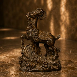 May include: A bronze-toned sculpture of a goat standing on a base of stylised clouds and waves. The goat features curved horns, a textured beard, and a saddle-like ornament on its back. The entire piece has a metallic finish with dark patina.