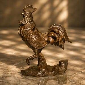 Puede incluir: Una figura de gallo color bronce sobre una base texturizada. La escultura muestra al ave con la cabeza girada hacia un lado, plumaje detallado en las alas y la cola, y una pata levantada. El acabado tiene una apariencia metálica desgastada.