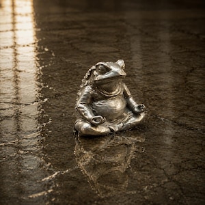 Op de afbeelding: Een zilverkleurig metalen beeldje van een pad die in een meditatieve houding met gekruiste benen zit, met gesloten ogen en de handen rustend op de knieën. Het beeldje heeft een textuur met bultjes en een glanzende, reflecterende afwerking.