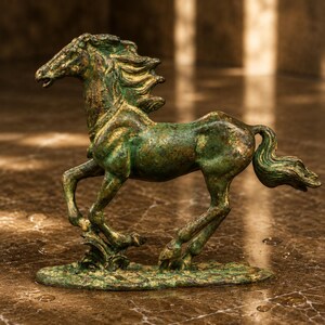 Vintage Patinated Copper Galloping Horse Figurine, Handcrafted Freedom Ambition Zen Statue with Empowering Uplifting Healing Energy