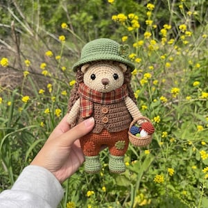 May include: A crocheted hedgehog doll wearing a green hat, a plaid scarf, a brown vest with two buttons, and orange pants with patches. The hedgehog holds a small woven basket containing three tiny crocheted mushrooms in blue, red, and white.