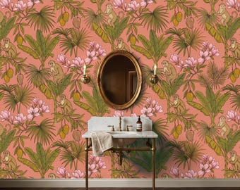 Monkey Wallpaper, Vintage Tropical Jungle Peel and Stick Wall Mural, Pink Banana Leaf Maximalist Powder Room