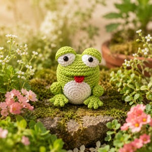 May include: A small, handmade crochet frog figurine featuring a bright green body, a white circular belly, and large white eyes with black pupils. The frog has a small red tongue sticking out and is crafted with a textured, yarn-based stitch pattern.