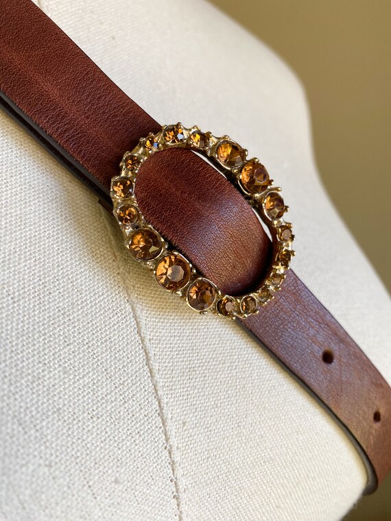 Vintage 70’s brown leather skinny belt topaz rhin… - image 3