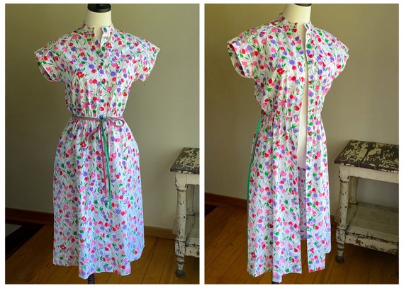 Vintage 70’s sleeveless shirtdress preppy floral … - image 1