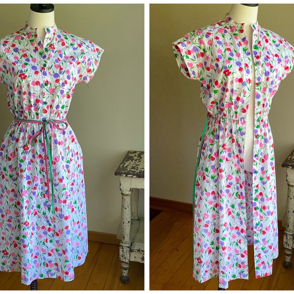 Vintage 70’s sleeveless shirtdress preppy floral pink & green Lanz // 38” bust