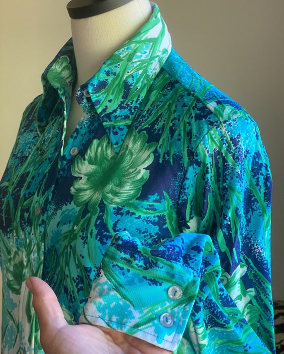 Vintage 70’s blouse blue & green mod floral print… - image 5