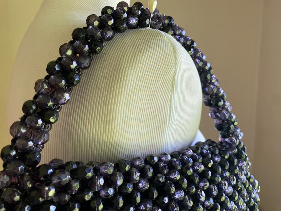 Vintage 60’s beaded crochet purse black & purple … - image 7