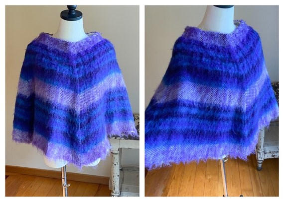 Vintage 70’s wool poncho purple & blue stripe sha… - image 1