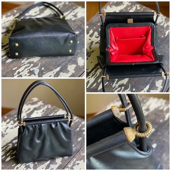Vintage 50’s handbag black Saffiano textured vega… - image 1