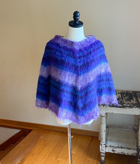 Vintage 70’s wool poncho purple & blue stripe sha… - image 2