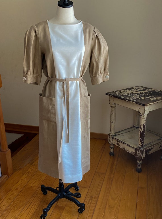 Vintage 80’s linen dress white & tan color block … - image 2