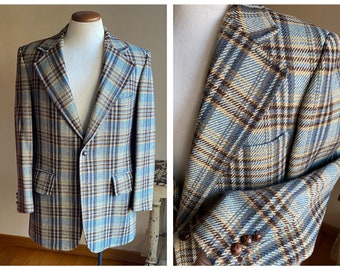 Vintage 70’s BIG plaid sport coat blue & brown wool tartan mod blazer // 40 L