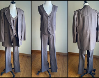 Vintage 70’s H Bar C western brown wool pinstripe 3 piece suit wide leg & lapel // 44-46 chest