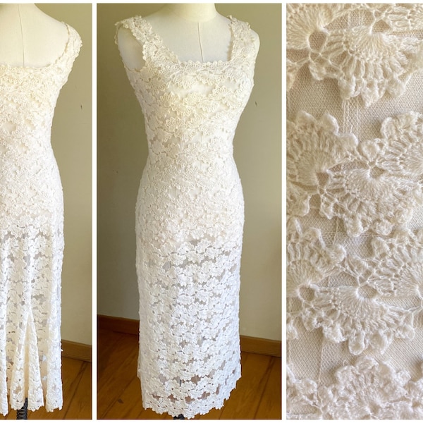 Vintage 60’s see through off white lace evening wedding dress fishtail kick pleat // 26” waist