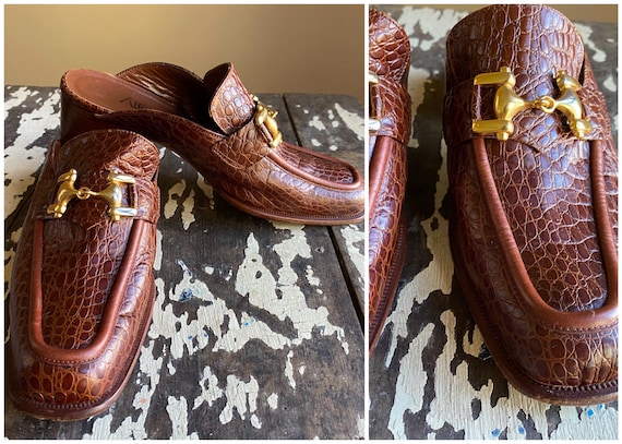 Vintage Y2K brown leather mules croc embossed sho… - image 1