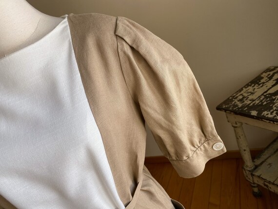 Vintage 80’s linen dress white & tan color block … - image 4