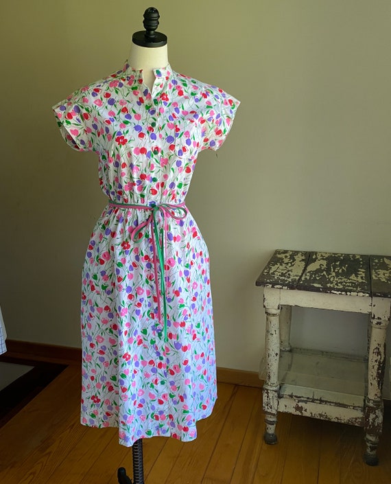 Vintage 70’s sleeveless shirtdress preppy floral … - image 2