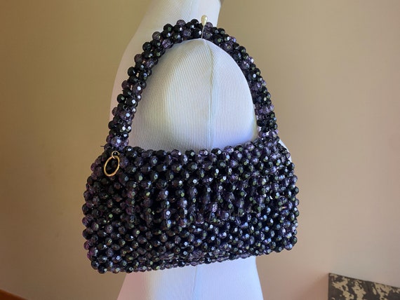 Vintage 60’s beaded crochet purse black & purple … - image 1