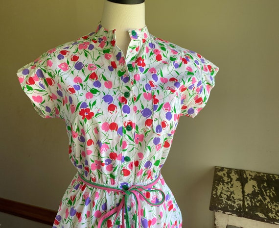 Vintage 70’s sleeveless shirtdress preppy floral … - image 3